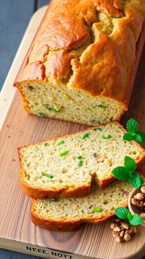 A loaf of gluten-free zucchini bread sliced on a wooden board, showcasing its moist texture and green zucchini pieces.